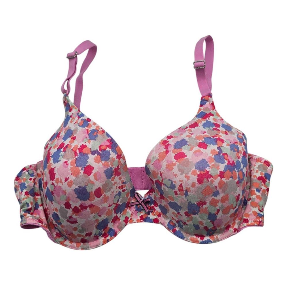 Self Expressions by Maidenform Sz 36D Classic T Shirt Bra Pink w/ Colorful Dots
